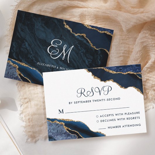 Hochzeit des Navy Blue Agate White Monogram RSVP Karte