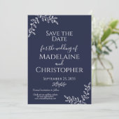 Hochzeit des Navy Blue Botanical Boho Foto Save The Date (Stehend Vorderseite)