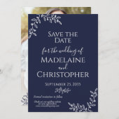 Hochzeit des Navy Blue Botanical Boho Foto Save The Date (Vorne/Hinten)
