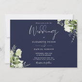 Hochzeit des Navy Blue Botanical Greenerity Foto Einladung (Vorderseite)