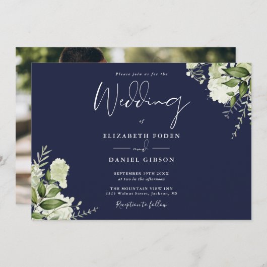 Hochzeit des Navy Blue Botanical Greenerity Foto Einladung (Vorne/Hinten)