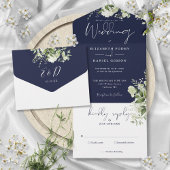 Hochzeit des Navy Blue Botanical Greenerity Monogr All In One Einladung