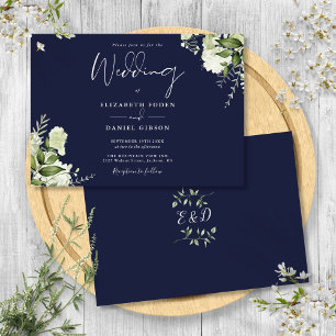 Hochzeit des Navy Blue Botanical Greenerity Monogr Einladung
