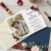 Hochzeit des navy Blue Burgundy Rustic Floral Foto Save The Date