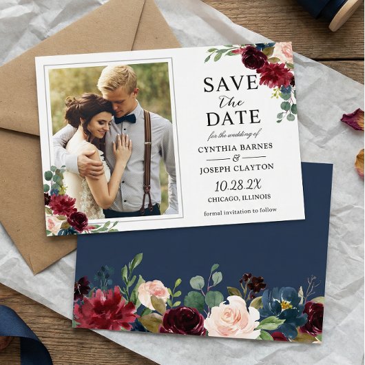 Hochzeit des navy Blue Burgundy Rustic Floral Foto Save The Date