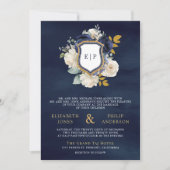 Hochzeit des Navy Blue Floral QR Code Foto Wappen Einladung (Vorderseite)