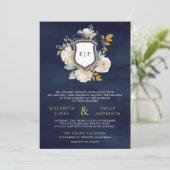 Hochzeit des Navy Blue Floral QR Code Foto Wappen Einladung (Stehend Vorderseite)
