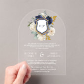 Hochzeit des Navy Blue Floral Wappen Acryleinladungen (Insitu (Handheld))