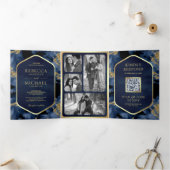 Hochzeit des Navy Blue Gold Abstrakt Fluid Ink QR Dreifach Gefaltete Einladung (Innenseite)