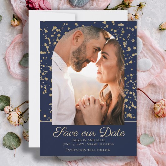 Hochzeit des Navy Blue Gold Glitzer Arch Dome Foto Save The Date