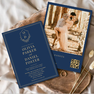 Hochzeit des Navy Blue Gold QR Code Wappen Foto Einladung