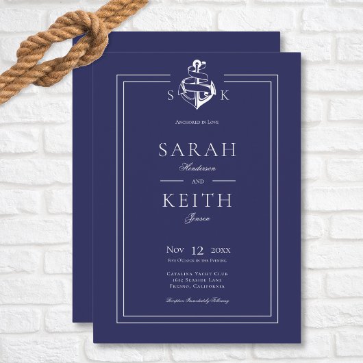 Hochzeit des Navy Blue Nautical Anchor Monogram Einladung