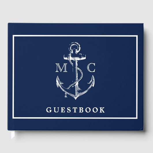 Hochzeit des Navy Blue Nautical Anchor Monogram Gästebuch (Vorderseite)
