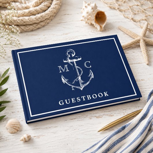 Hochzeit des Navy Blue Nautical Anchor Monogram Gästebuch