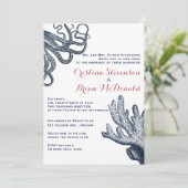 Hochzeit des Navy Blue Octopus Coral Nautical Beac Einladung (Stehend Vorderseite)