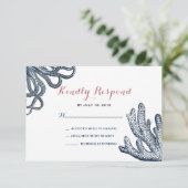 Hochzeit des Navy Blue Octopus Coral Nautical Beac RSVP Karte (Stehend Vorderseite)