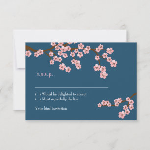 Hochzeit des Navy Blue & Pink Cherry Blossom Sprin RSVP Karte