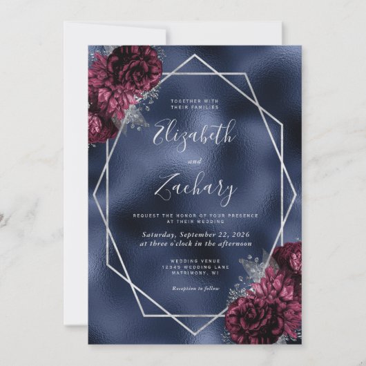 Hochzeit des QR-Codes für Navy Blue Burgundy Silve Einladung (Vorderseite)