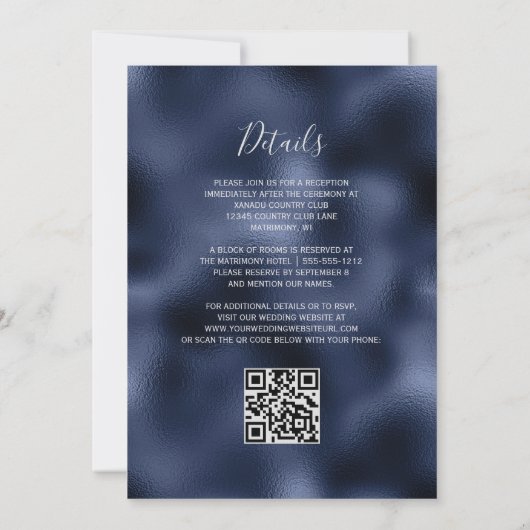 Hochzeit des QR-Codes für Navy Blue Burgundy Silve Einladung (Rückseite)