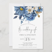 Hochzeit des QR-Codes von Navy Blue Gold Florals Einladung (Vorderseite)