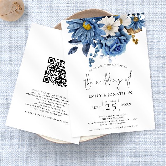 Hochzeit des QR-Codes von Navy Blue Gold Florals Einladung