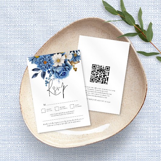 Hochzeit des QR-Codes von Navy Blue Gold Florals RSVP Karte