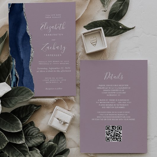 Hochzeit des QR-Codes von Navy Blue Silver Agate Einladung