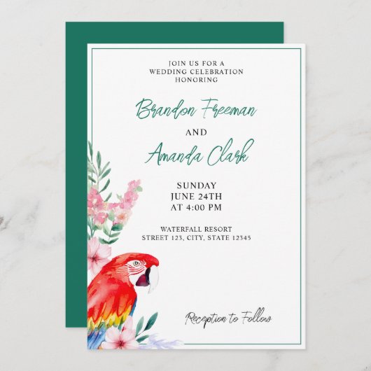 Hochzeit des Roten Papagei Einladung (Vorne/Hinten)