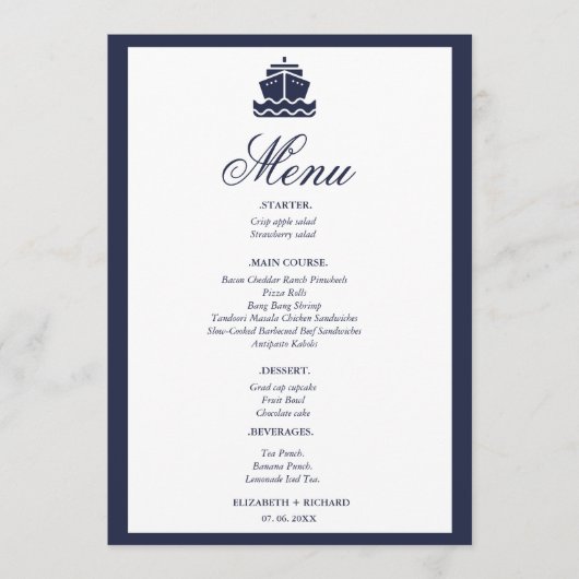 Hochzeit des Schiffes Nautical Cruise Menükarte (Vorderseite)