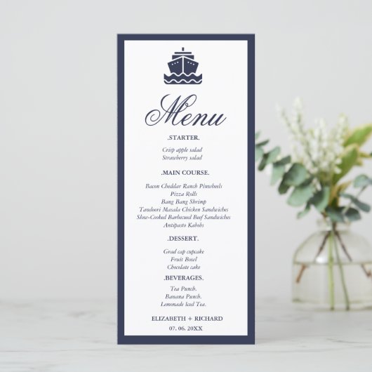 Hochzeit des Schiffes Nautical Cruise Menükarte (Stehend Vorderseite)