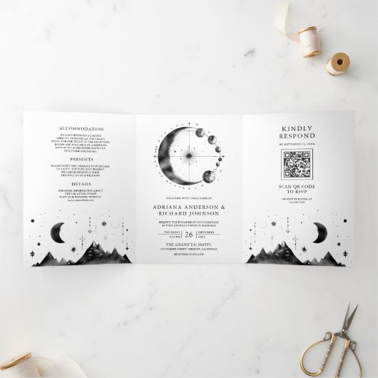 Hochzeit des Schwarz-weißen Crescent Moon Dreifach Gefaltete Einladung (Innenseite)