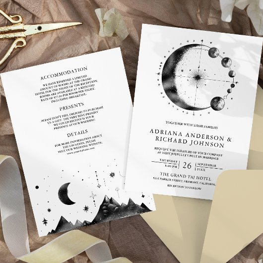 Hochzeit des Schwarz-weißen Crescent Moon Einladung