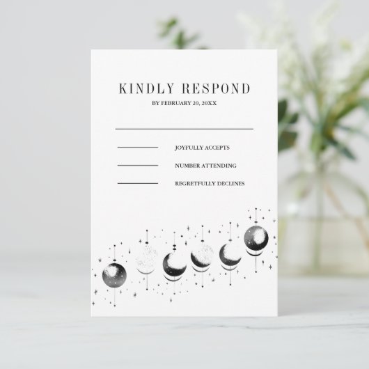 Hochzeit des Schwarz-weißen Crescent Moon RSVP Karte (Stehend Vorderseite)