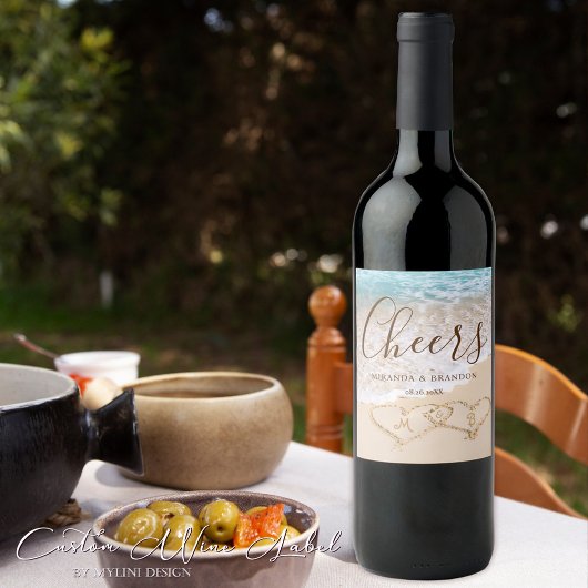 Hochzeit des tropischen Strandes mit blauem Ozean Weinetikett