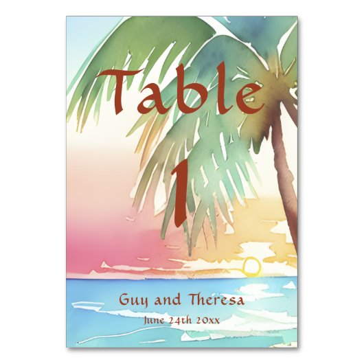 Hochzeit des tropischen Strandes Tischnummer (Rückseite)