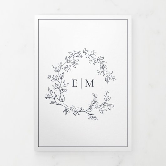 Hochzeit des Wappen Mongram Blue Leafy Dreifach Gefaltete Einladung (Cover)