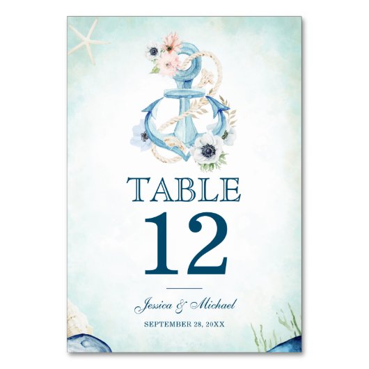Hochzeit des Wasserfarben-Ankerstrands Tischnummer (Rückseite)