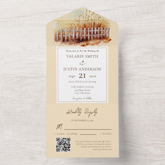 Hochzeit des Westerns von Weizenfelderzaun All In One Einladung (Innen Boden)