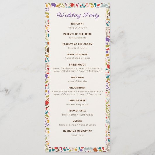 Hochzeit des Wildgartens Rose Woods Exotic Flower  Programm (Rückseite)