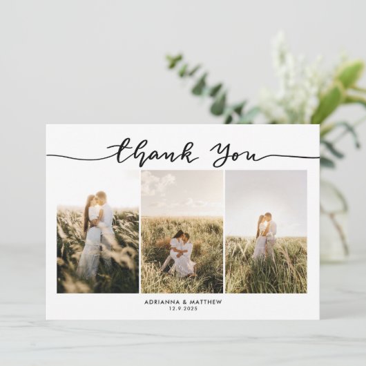 Hochzeit drei Fotos Elegant Vielen Dank, Script Dankeskarte (Stehend Vorderseite)