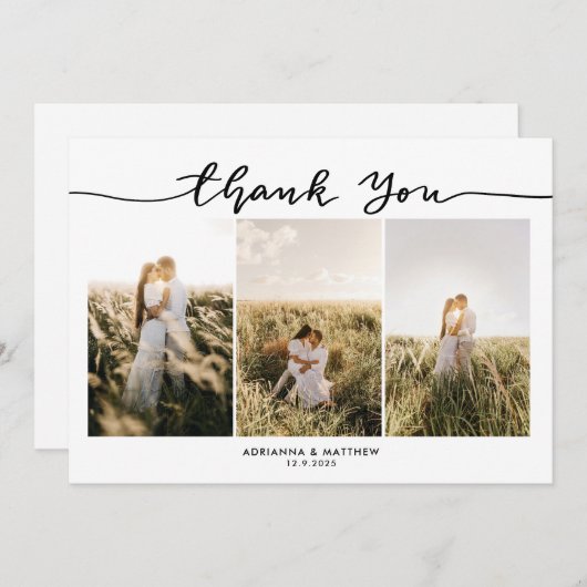 Hochzeit drei Fotos Elegant Vielen Dank, Script Dankeskarte (Vorne/Hinten)