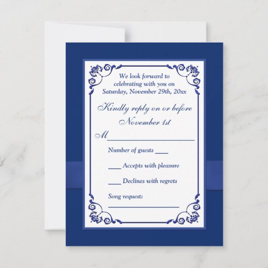Hochzeit | DRUCKER RIBBON | UAWG für blaue, weiße  RSVP Karte (Rückseite)