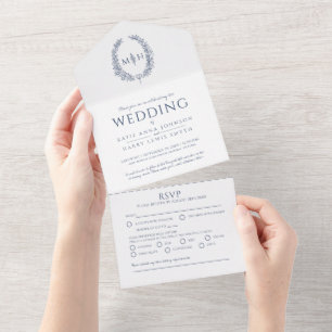 Hochzeit dunkelblau weiß oval Blätter Monogramm All In One Einladung