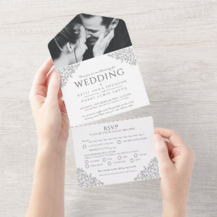 Hochzeit dunkelgraue weiße Blätter Foto Mahlzeit R All In One Einladung