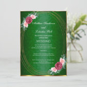Hochzeit Dunkelgrüne goldrosa rote Blume Klassisch Einladung (Stehend Vorderseite)