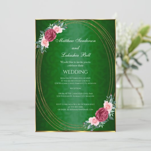 Hochzeit Dunkelgrüne goldrosa rote Blume Klassisch Einladung (Stehend Vorderseite)