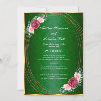 Hochzeit Dunkelgrüne goldrosa rote Blume Klassisch Einladung