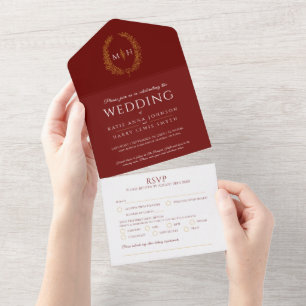 Hochzeit dunkelrot gold weiß oval Blätter Monogram All In One Einladung