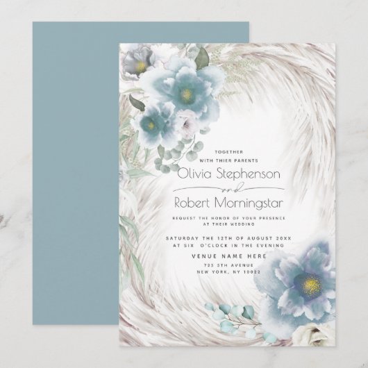 Hochzeit | Dusty Blue Floral Einladung (Vorne/Hinten)