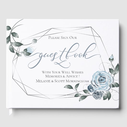 Hochzeit | Dusty Blue Floral SIlver Frame Gästebuch (Vorderseite)